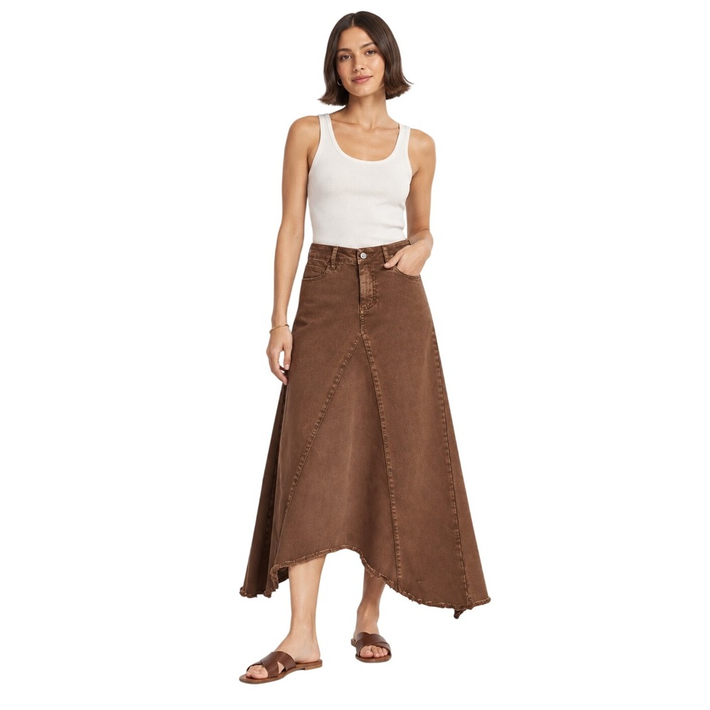 Wash Lab Denim Selma Pieced Asymmetrical Maxi Skirt Brown Size 28 Raw Hem